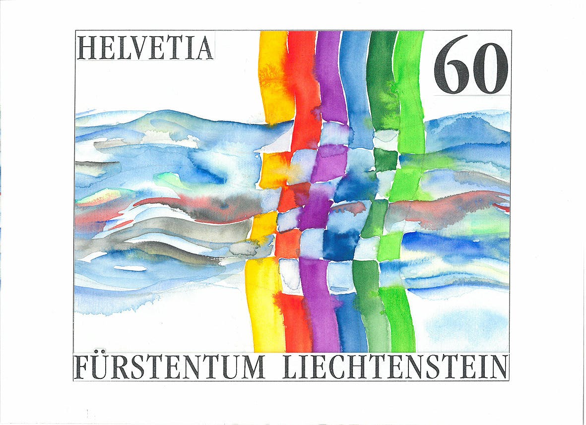 «Farbige Linien kreuzen einen Fluss» aus der Serie «Schweizerisch-liechtensteinische Nachbarschaft – Gemeinschaftsausgabe mit der Schweiz (I)».