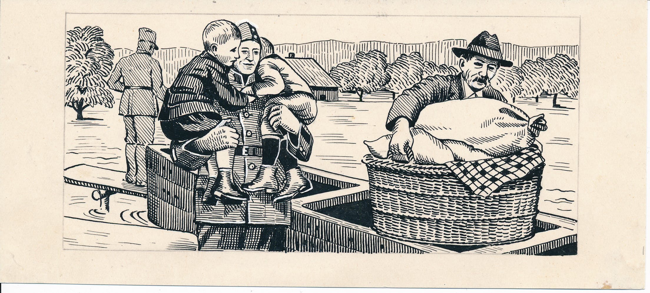 «Schweizerische Pontoniere bei Rettungsarbeiten» aus der Serie «Hilfe für die Hochwassergeschädigten des Rheingebietes».