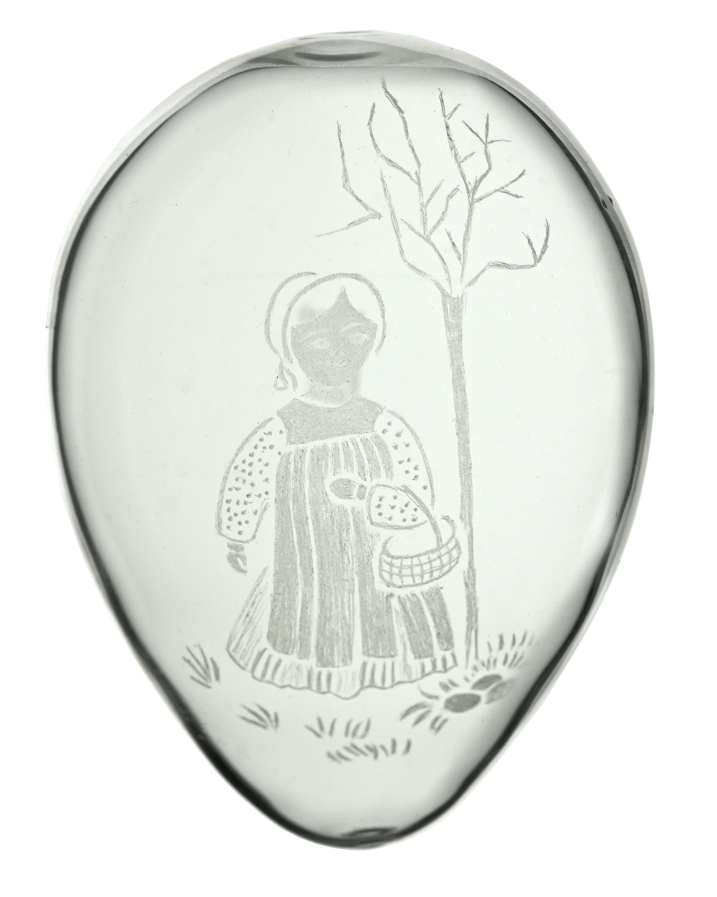 Glasei, mundgeblasen, Rotkäppchen-Motiv in Diamantschliff, Maria Klotz-Schelbert, Schweiz, keine Angabe zur Datierung.