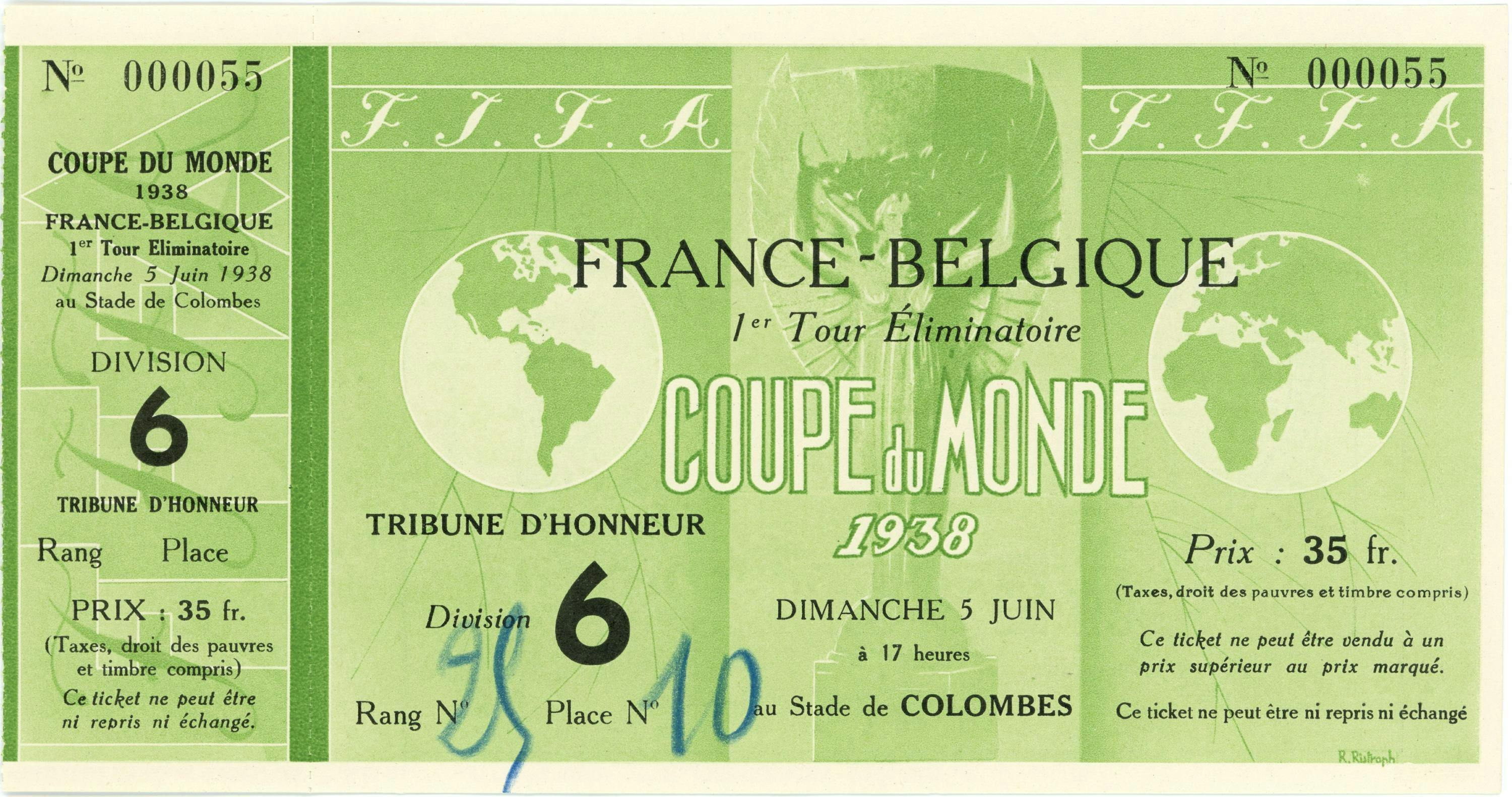 1938 FIFA World Cup ticket of match France-Belgium held at the Olympic Stadium in Colombes on June 5, 1938. © FIFA Museum, Zürich