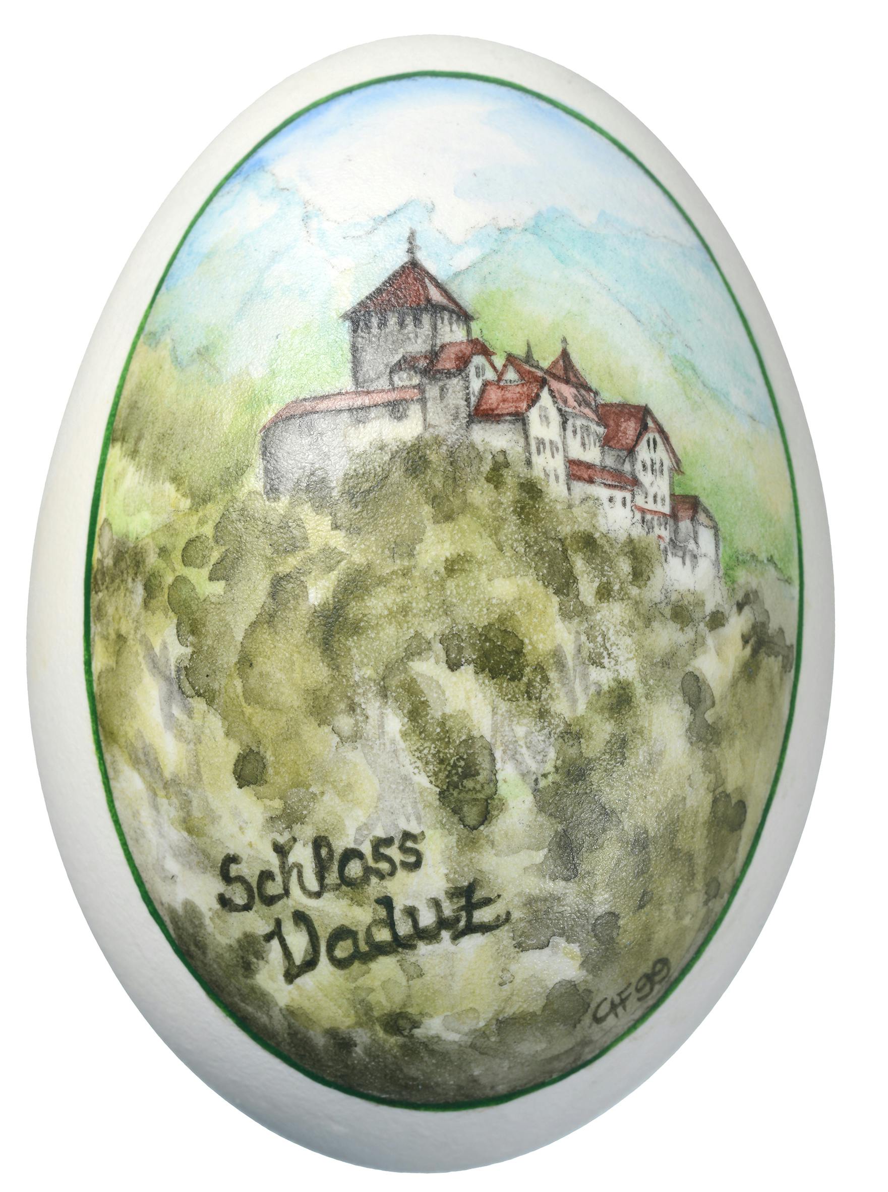 Gänseei, ausgeblasen und bemalt mit Schloss Vaduz, Christa Falk, Liechtenstein, 1999.