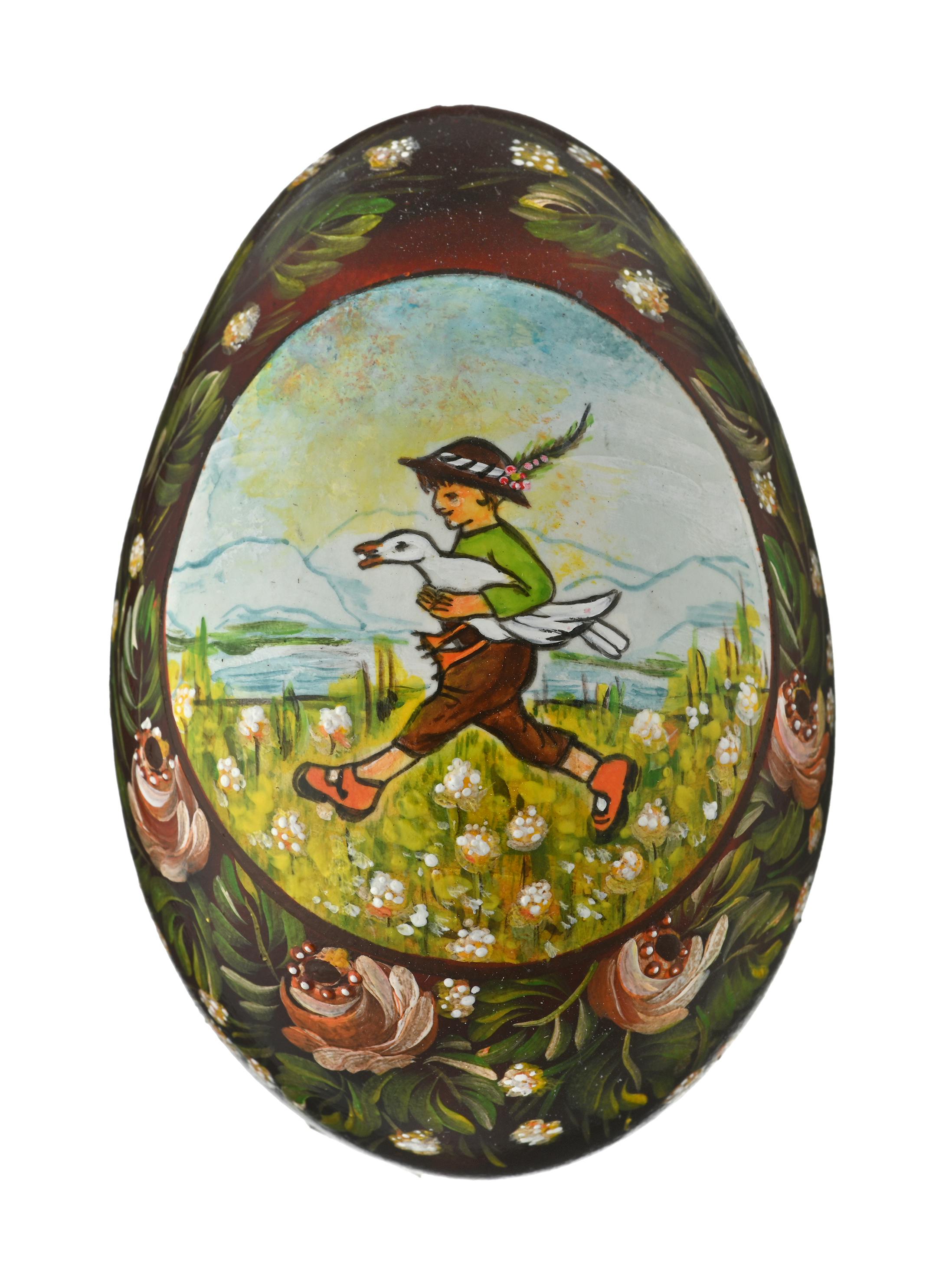 Gänseein, ausgeblasen und bemalt mit Hans-im-Glück-Motiv, Fry Lüthi, Schweiz, wohl 1986.