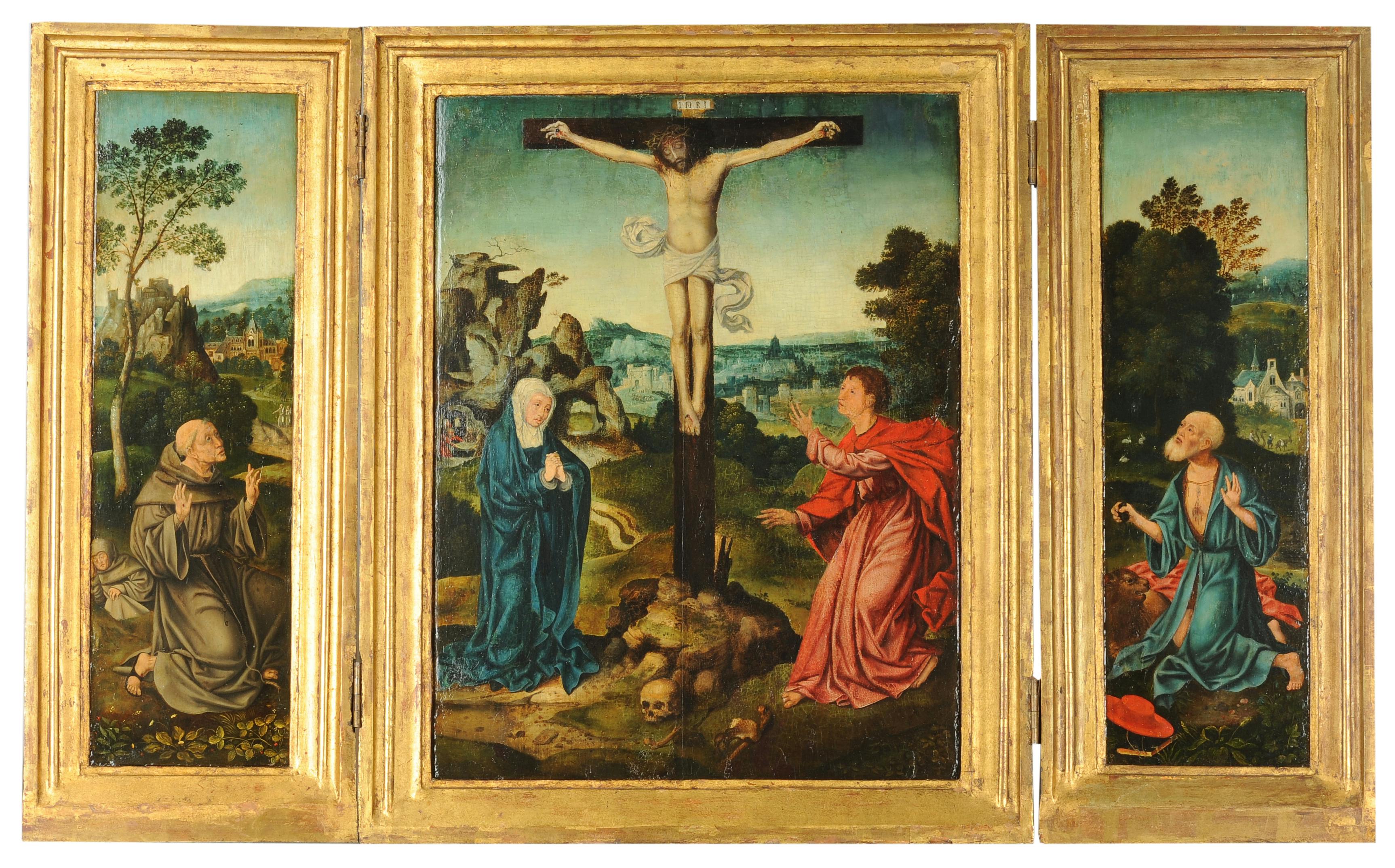 Flügelaltar mit Christus am Kreuz und Maria und Johannes in weiter Landschaft, um 1525.