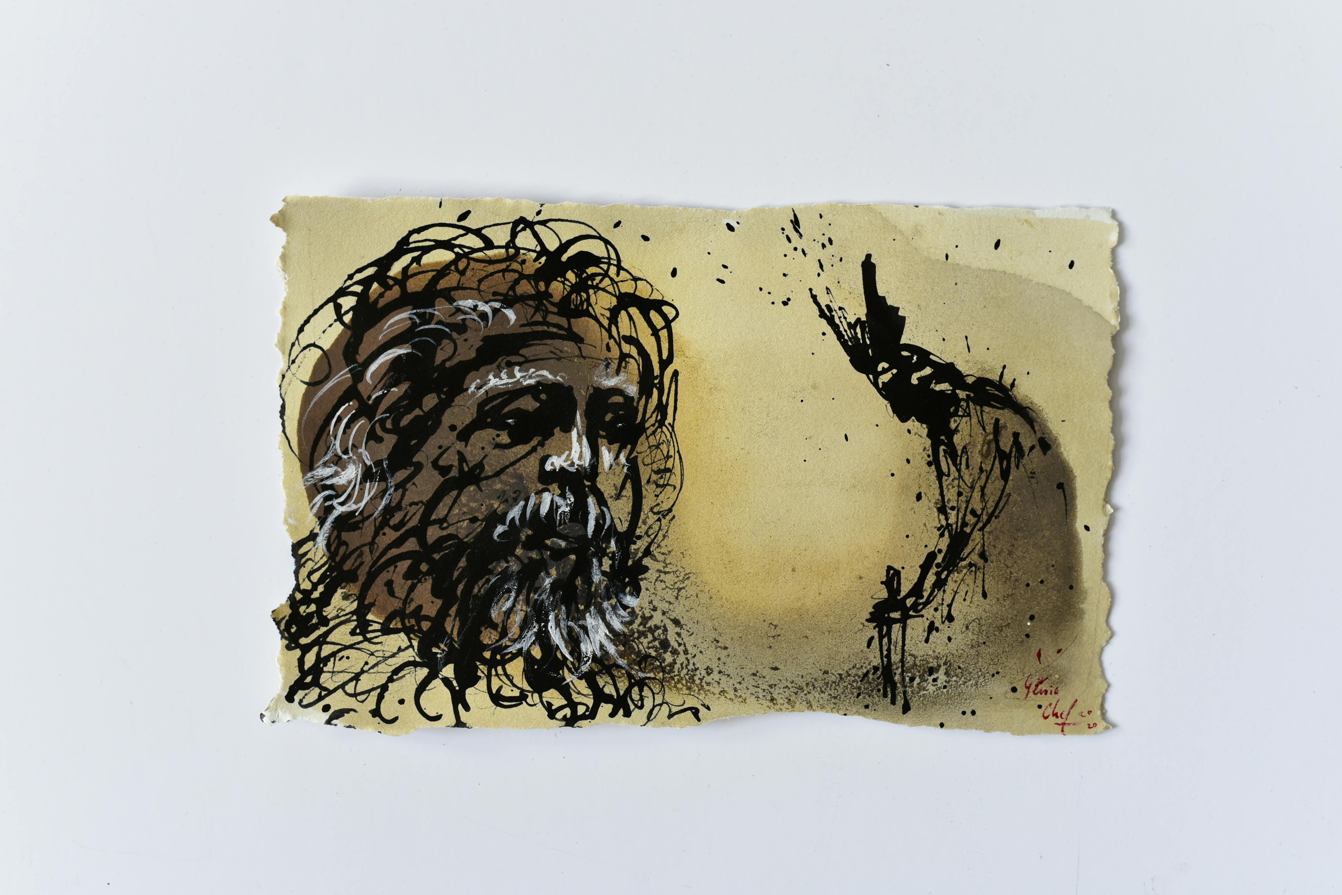 Genia Chef, Aventiure XIV, 873, Hagen überredet Gunther, Siegfried töten zu lassen, Mischtechnik auf Papier, 2020, 13 x 20,5 cm