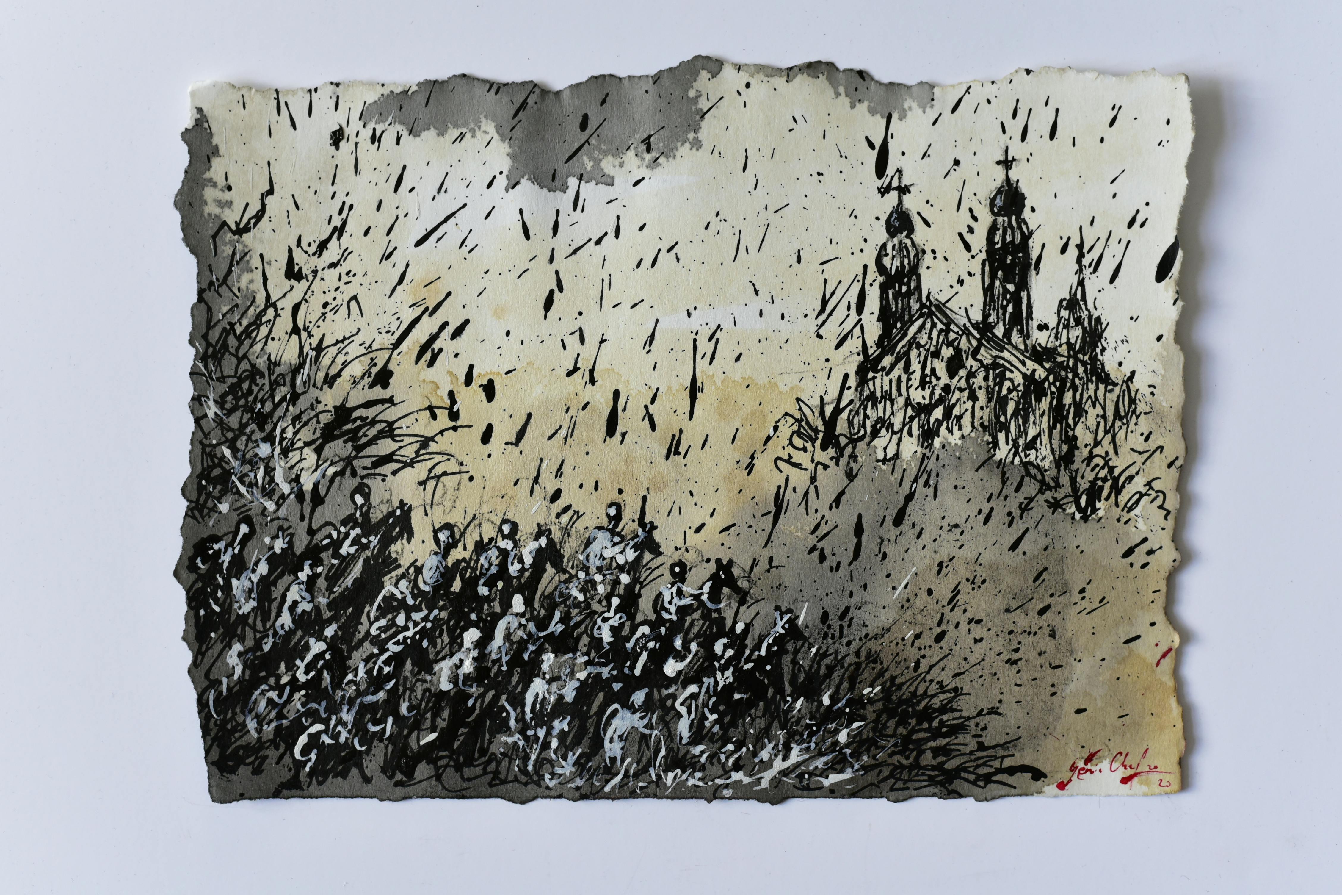 Genia Chef, Aventiure XXI, 1295, Kriemhild erreicht Kloster Passau auf ihrem Weg zu König Etzel, Mischtechnik auf Papier, 2020, 20 x 27 cm