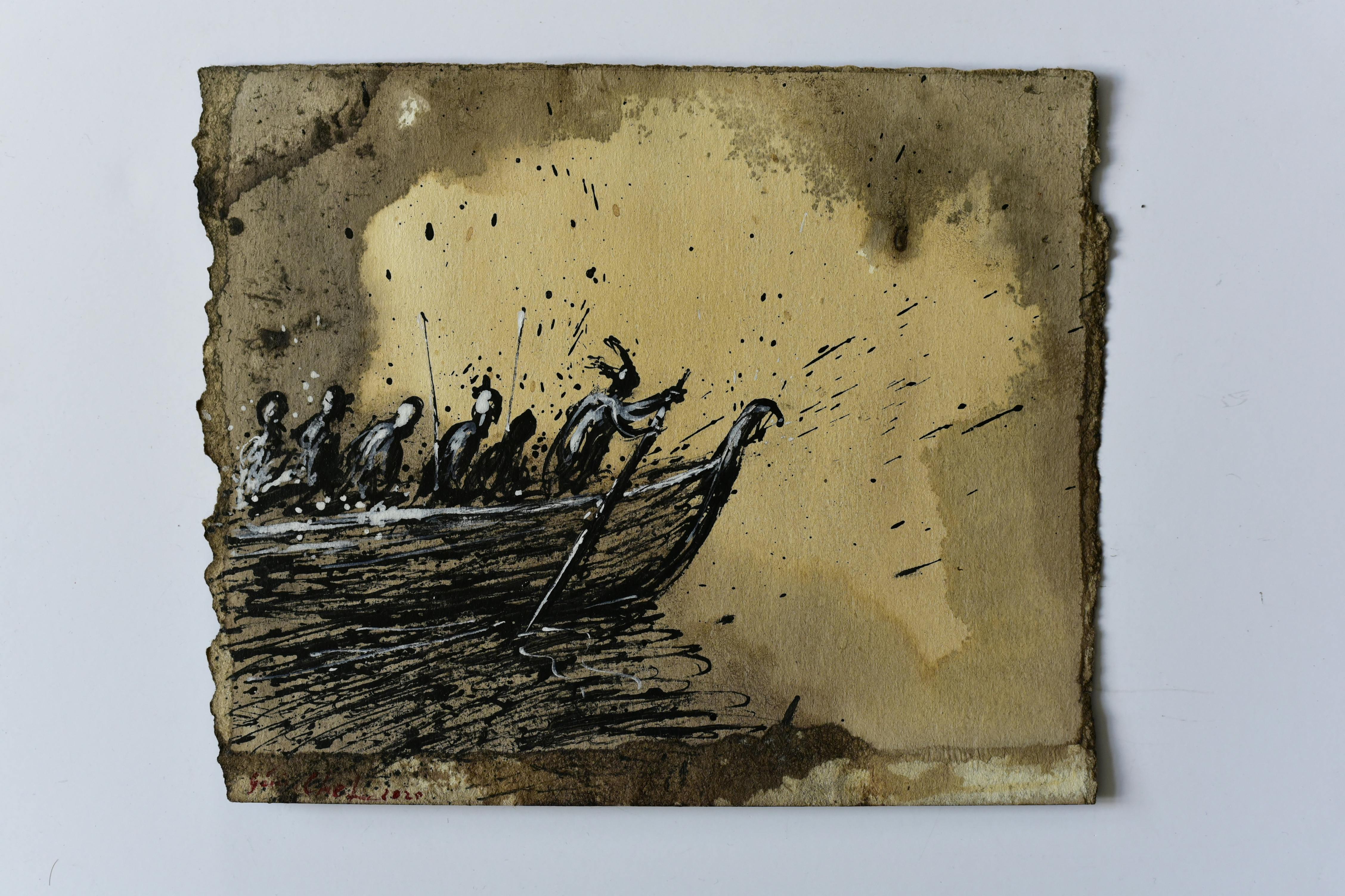 Genia Chef, Aventiure XXV, 1572, Hagen steuert das Boot der Burgunder auf dem Weg zu König Etzel, Mischtechnik auf Papier, 2020, 18,5 x 23,5 cm