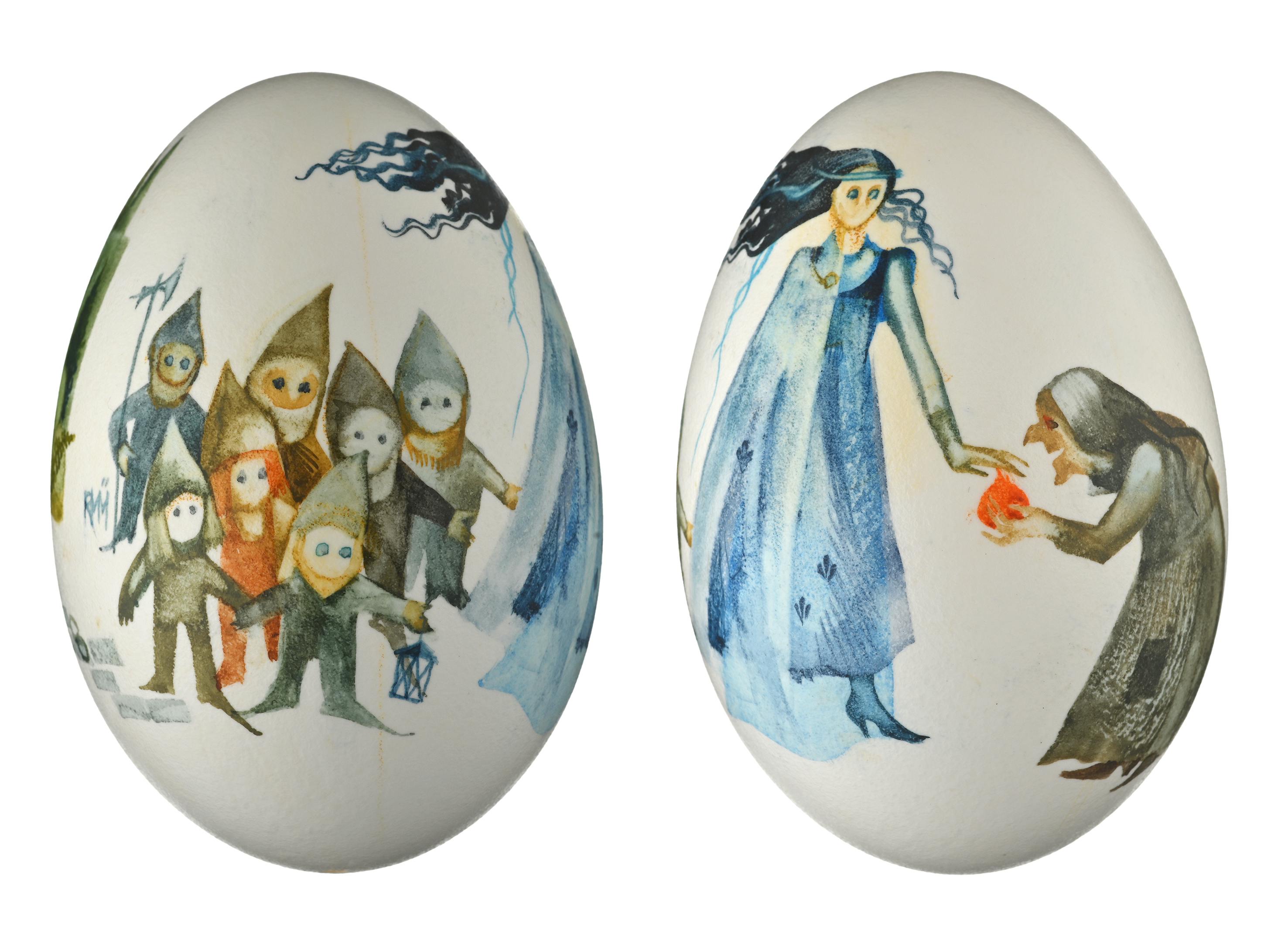 Hühnerei, ausgeblasen und bemalt mit Schneewittchen-Motiven, Renate Mildner, Deutschland, wohl 1986.