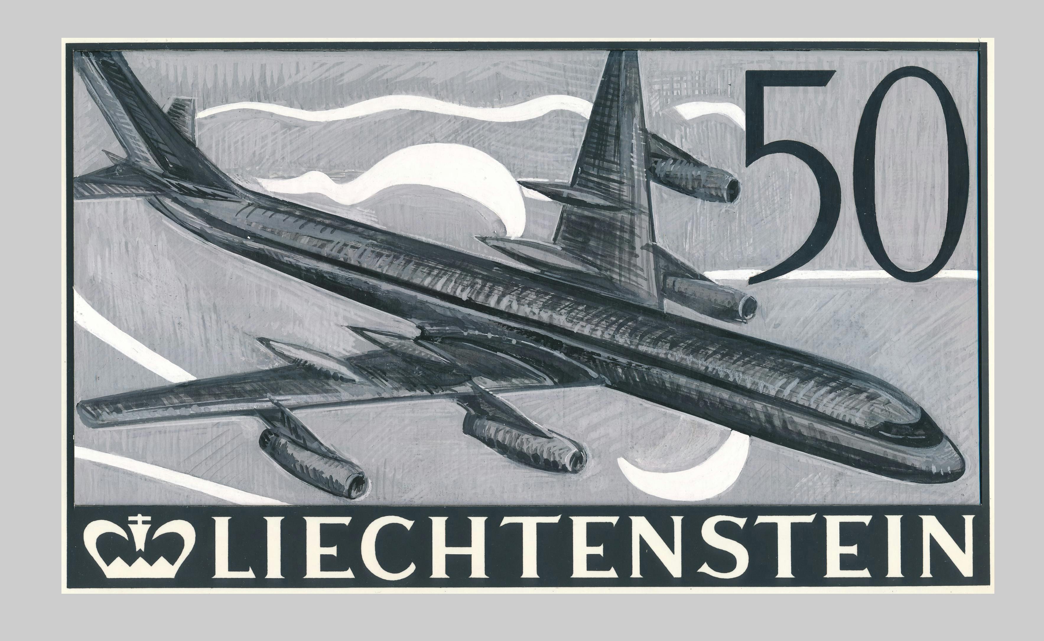 «Düsenflugzeug Convair 600 (1961 umbenannt in Convair CV-990 Coronado)» aus der Serie «30 Jahre Flugpostmarken in Liechtenstein»