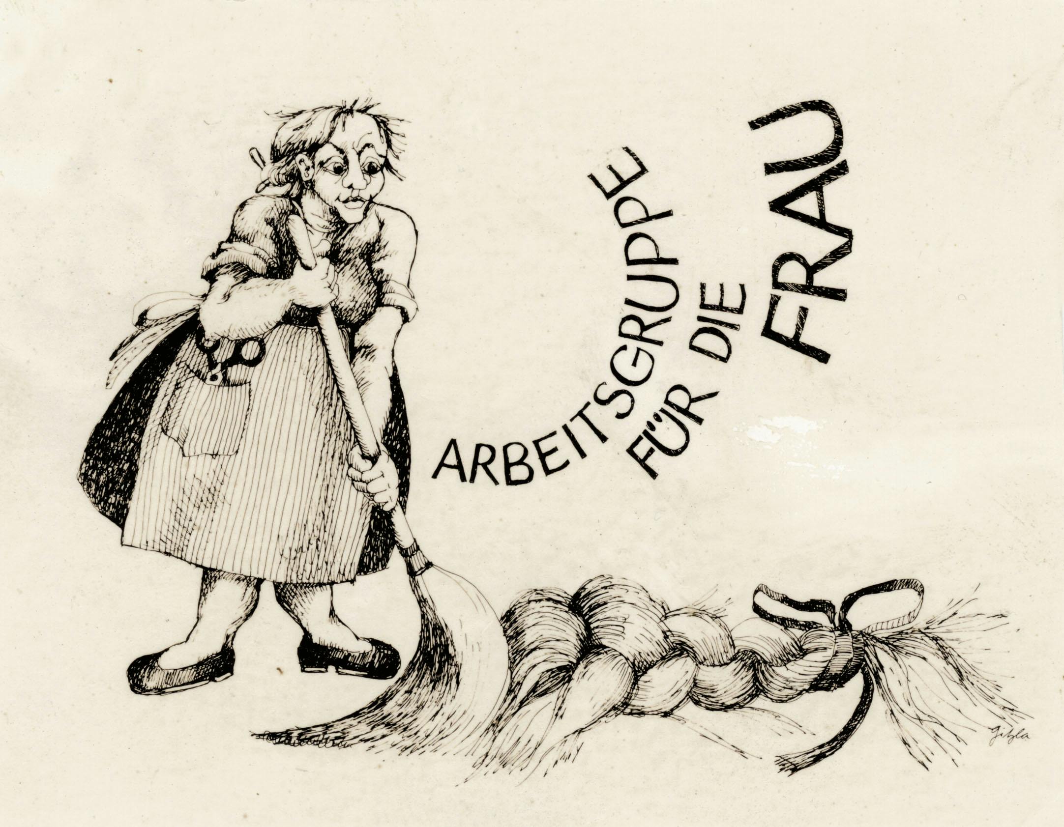 Logo der «Arbeitsgruppe für die Frau». Das Logo zeigt eine Frau mit abgeschnittenem Zopf.