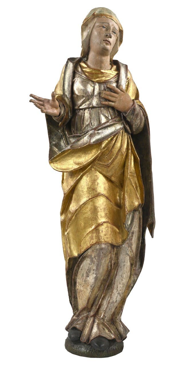 Maria einer Kreuzigungsgruppe mit erhobener rechter Hand und linker Hand auf dem Herzen, Erasmus Kern, 1650.