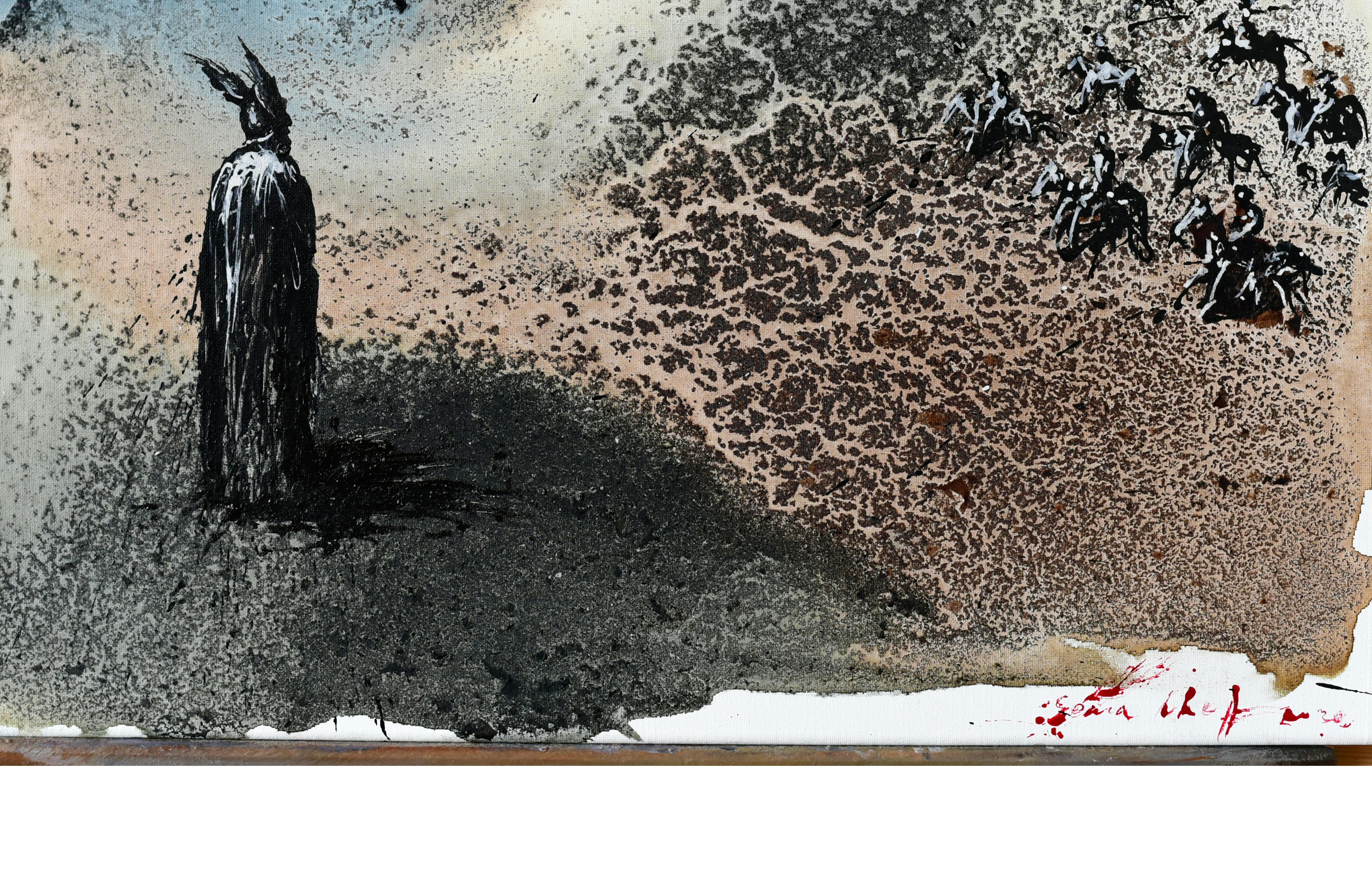 Genia Chef, Aventiure XXVI, 1602, Hagen erblickt die bayrischen Verfolger, Mischtechnik auf Leinwand, 2020, 40 x 50 cm