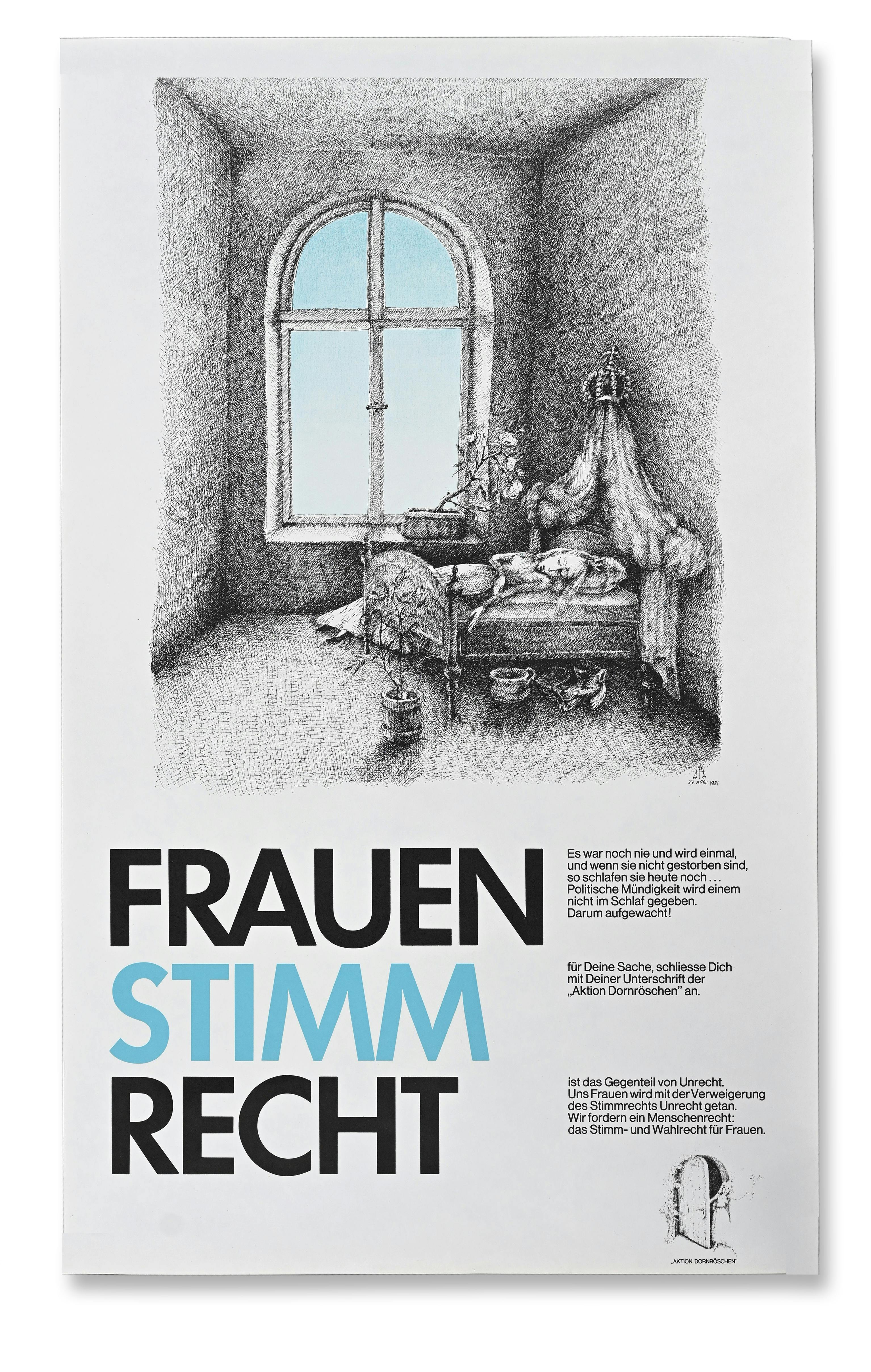 Plakat der «Aktion Dornröschen». Das Plakat fordert die Einführung des Frauenstimmrechts, 1981. Gezeichnet von Regina Marxer.