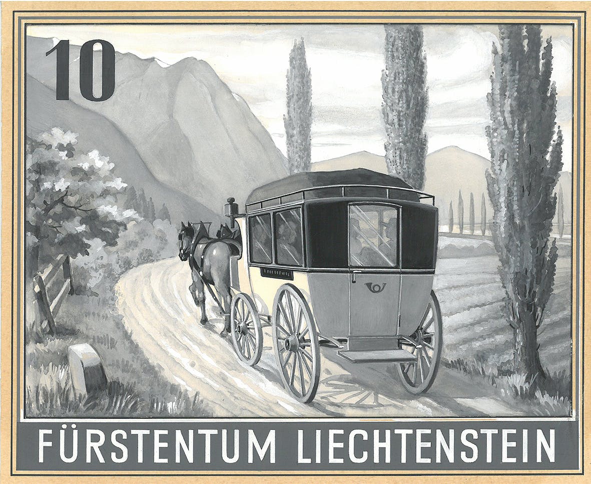 «Postkutsche» aus der Serie «4. Liechtensteinische Briefmarkenausstellung – 25 Jahre Postübereinkommen mit der Schweiz».