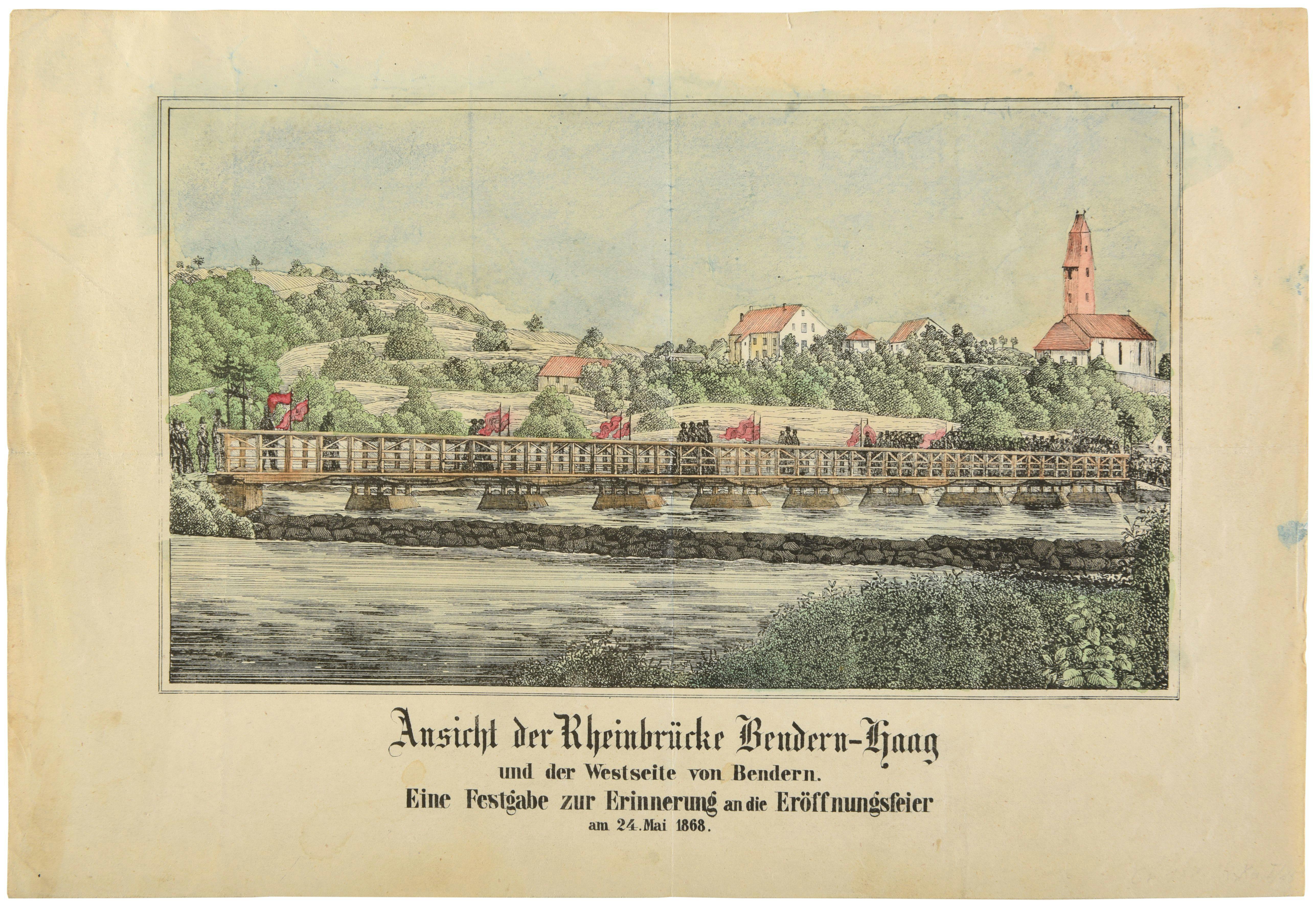 Ansicht der Rheinbrücke zwischen Bendern (Liechtenstein) und Haag (Schweiz). 