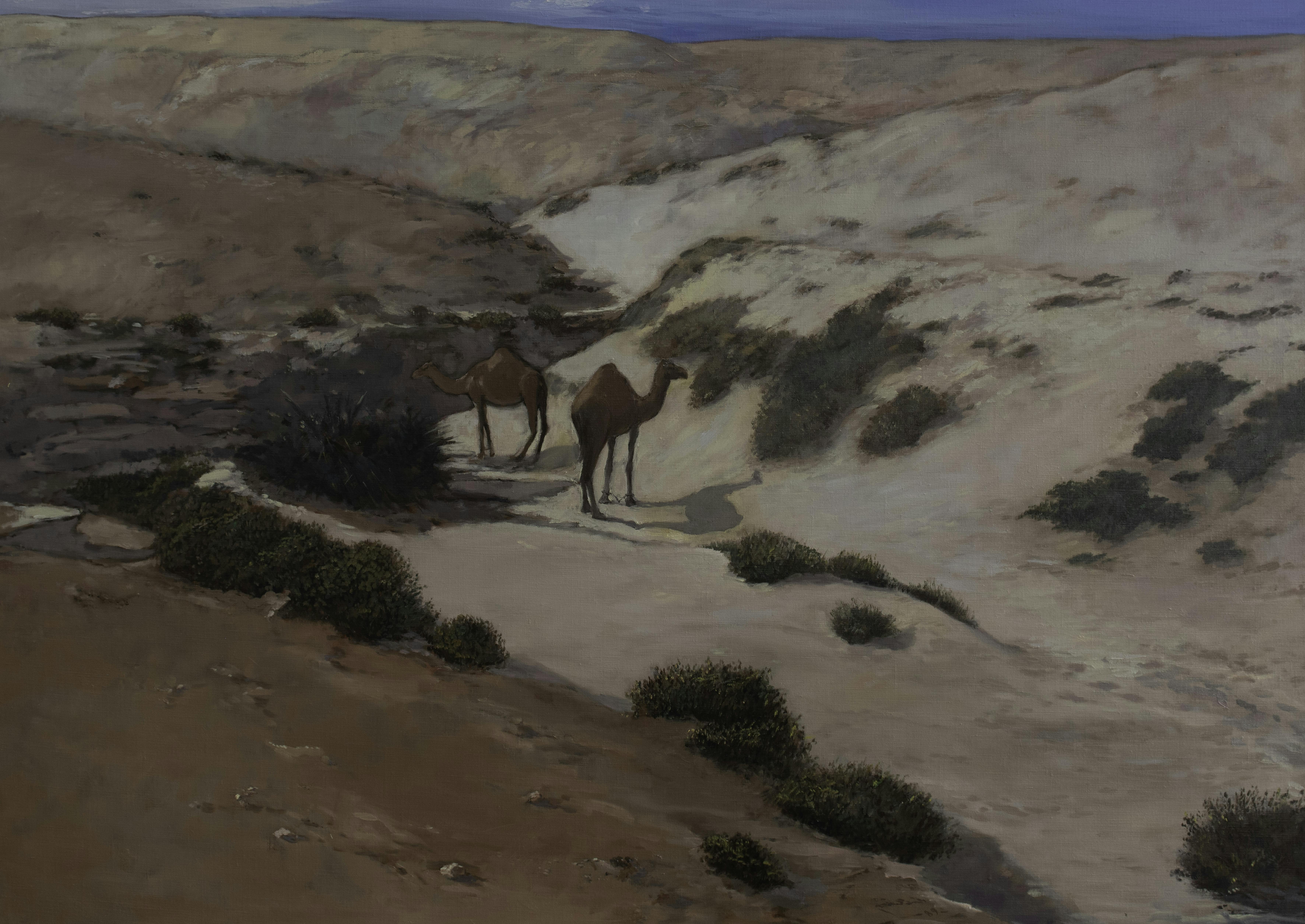 Camels at Rumaitha Wadi, 1983, Oil on canvas, 100 x 120 cm, copy