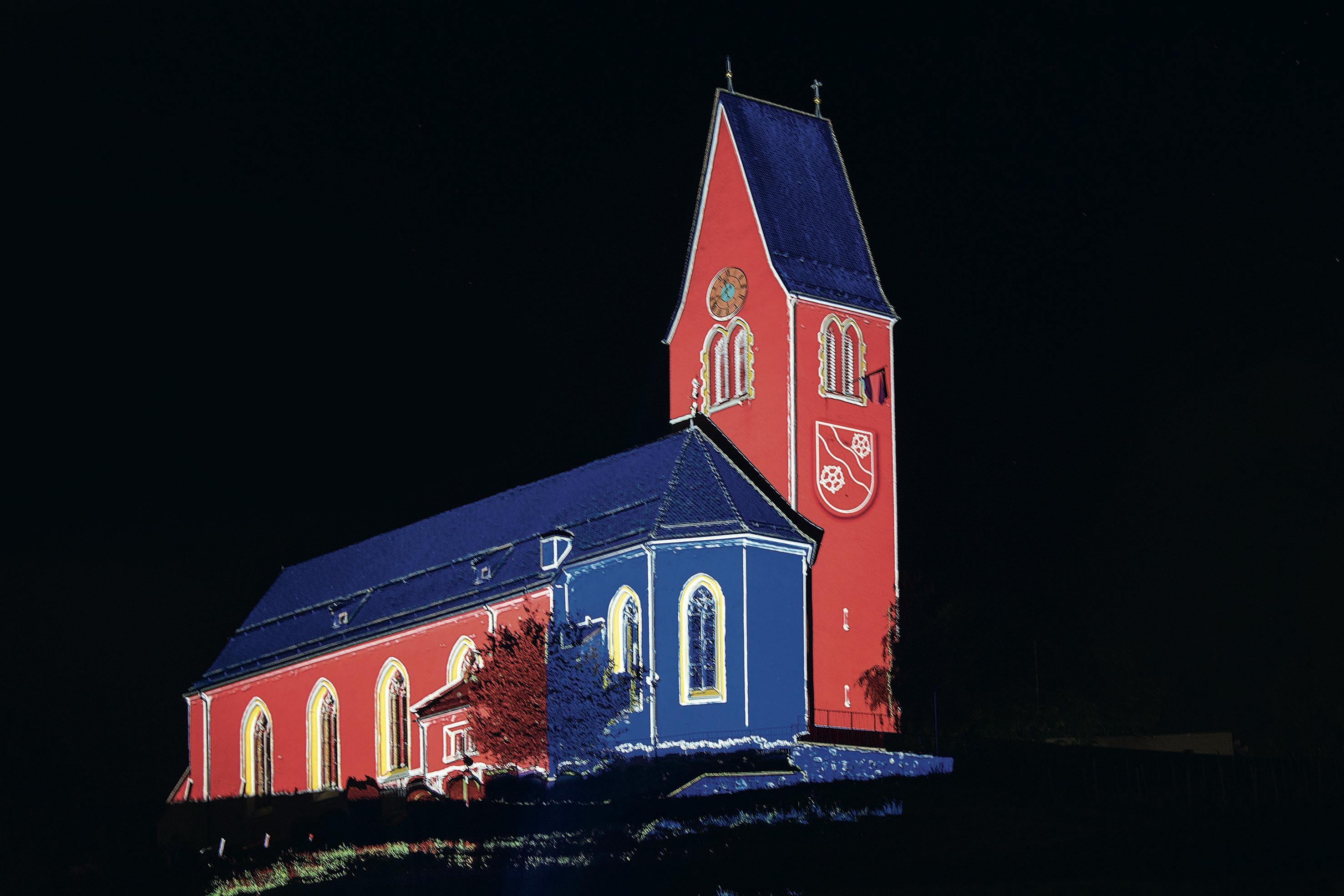 Gamprin-Bendern – Kirchhügel mit der katholischen Pfarrkirche Mariä Himmelfahrt und dem alten Pfarrhaus 