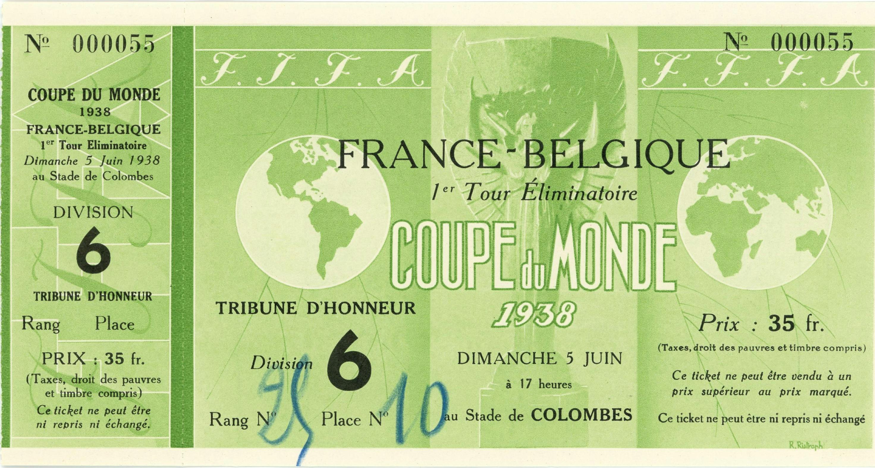 1938 FIFA World Cup ticket of match France-Belgium held at the Olympic Stadium in Colombes on June 5, 1938.© FIFA Museum, Zürich