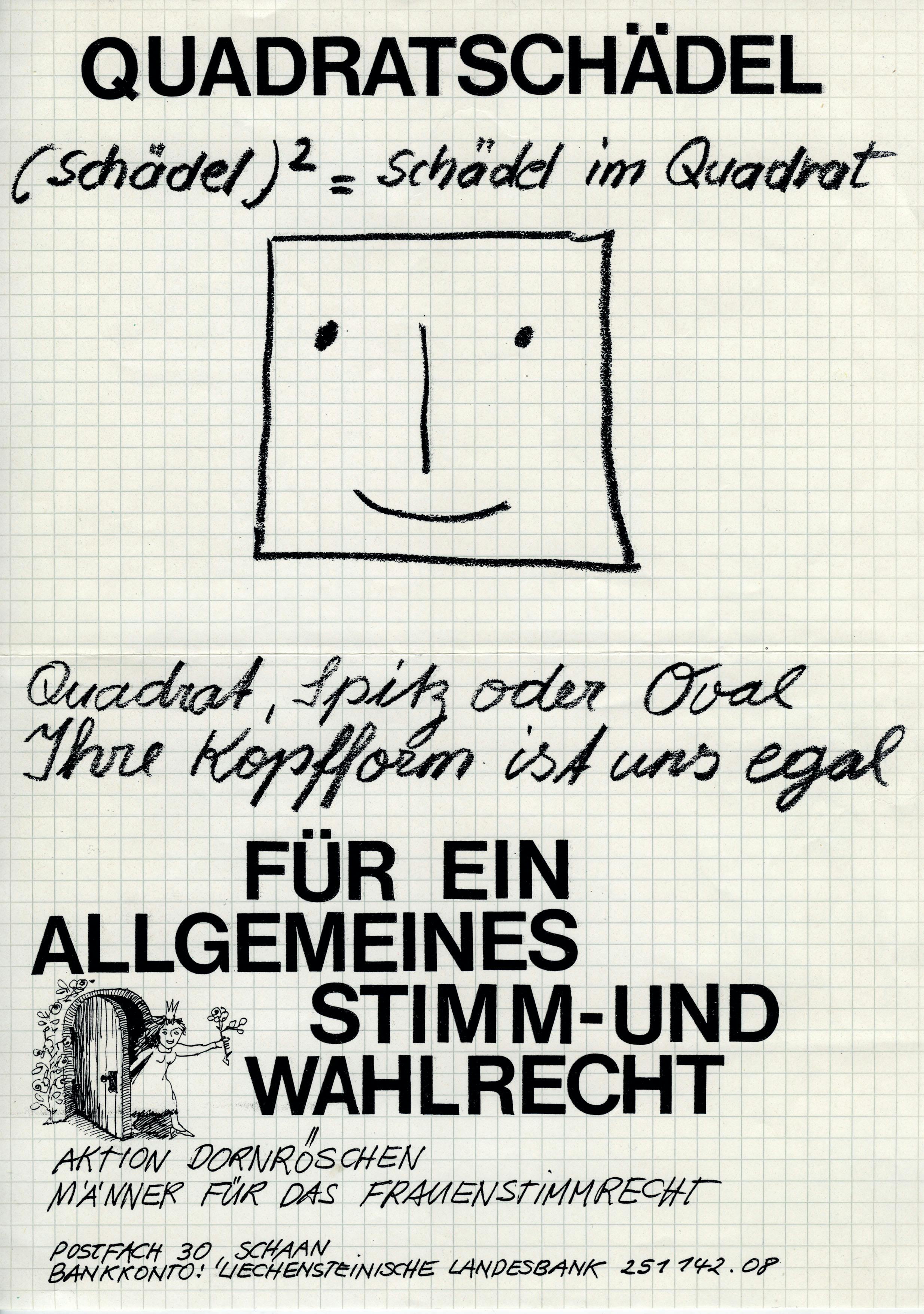 Flugblatt «Quadratschädel». Das Flugblatt der «Aktion Dornröschen» geht im November 1982 an alle Haushalte.