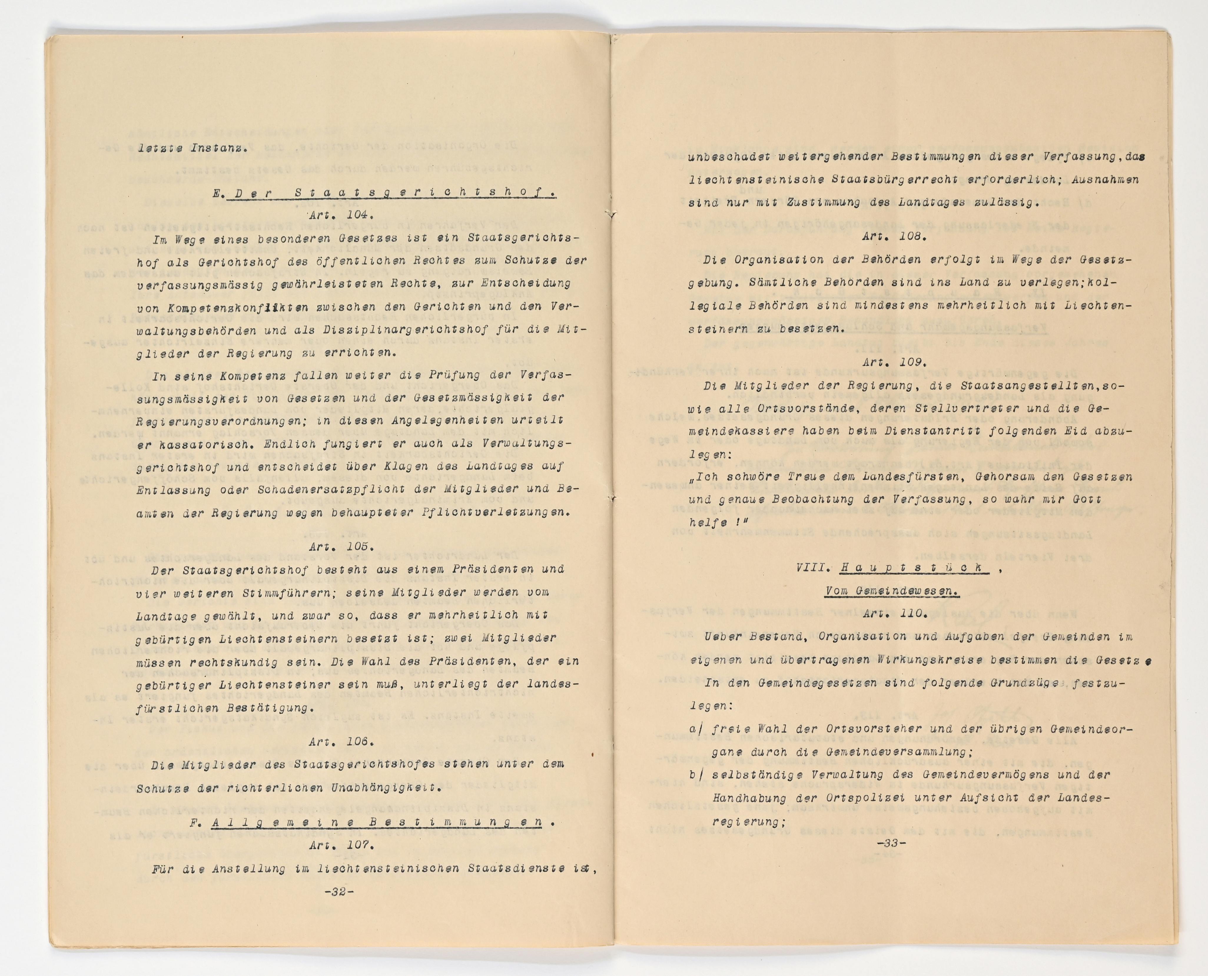 Verfassung 1921 Art. 104 bis Art. 110
