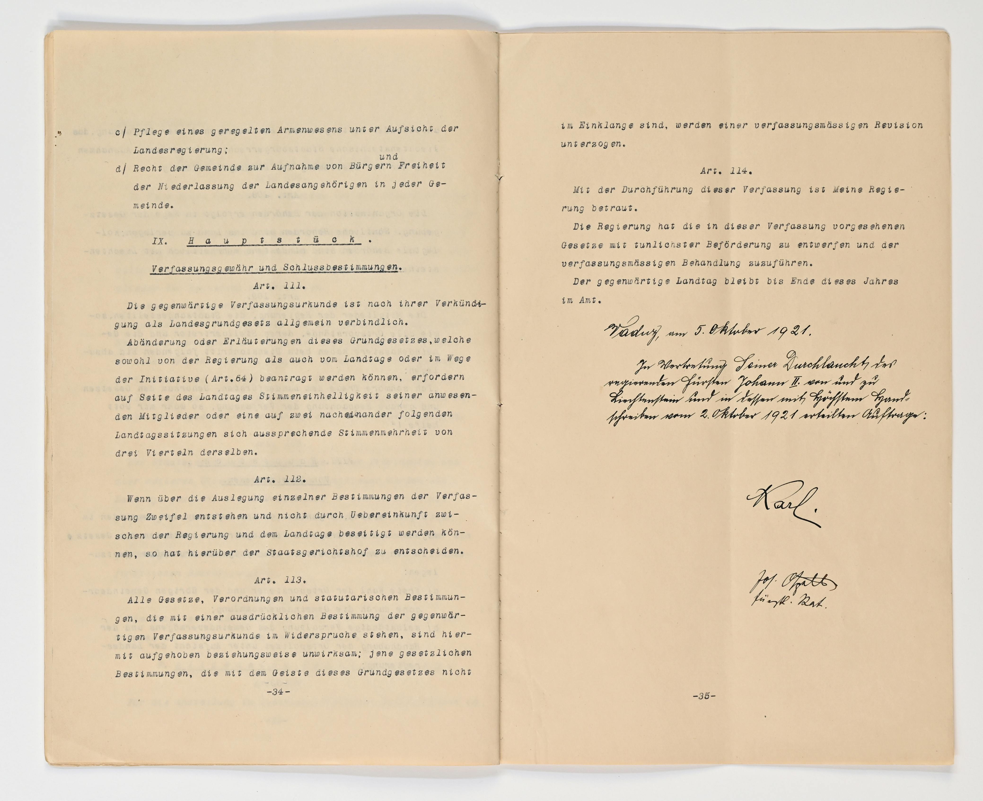 Verfassung 1921 Art. 111 bis Art. 114 mit Unterschriften