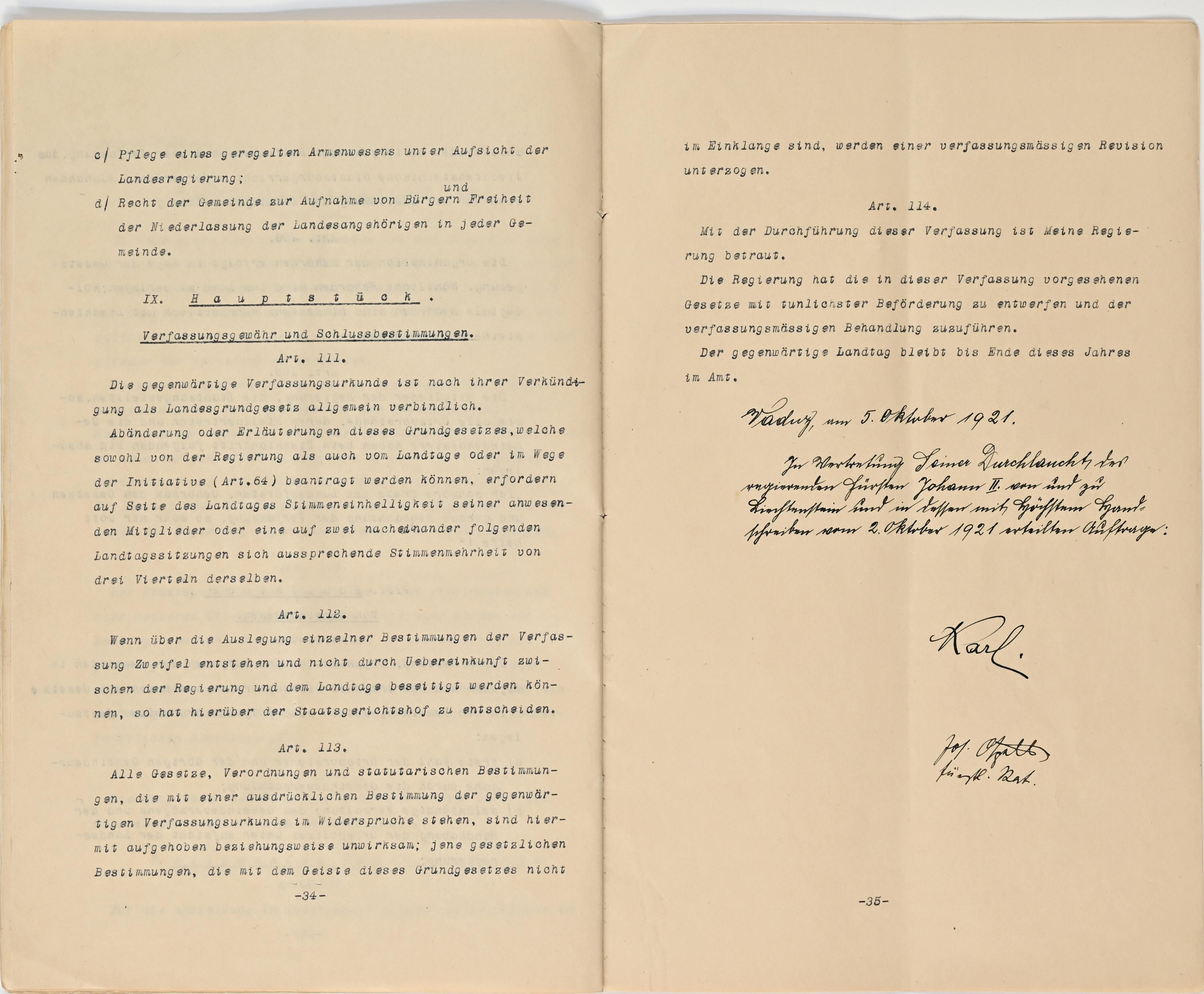 Verfassung 1921 Art. 111 bis Art. 114 mit Unterschriften