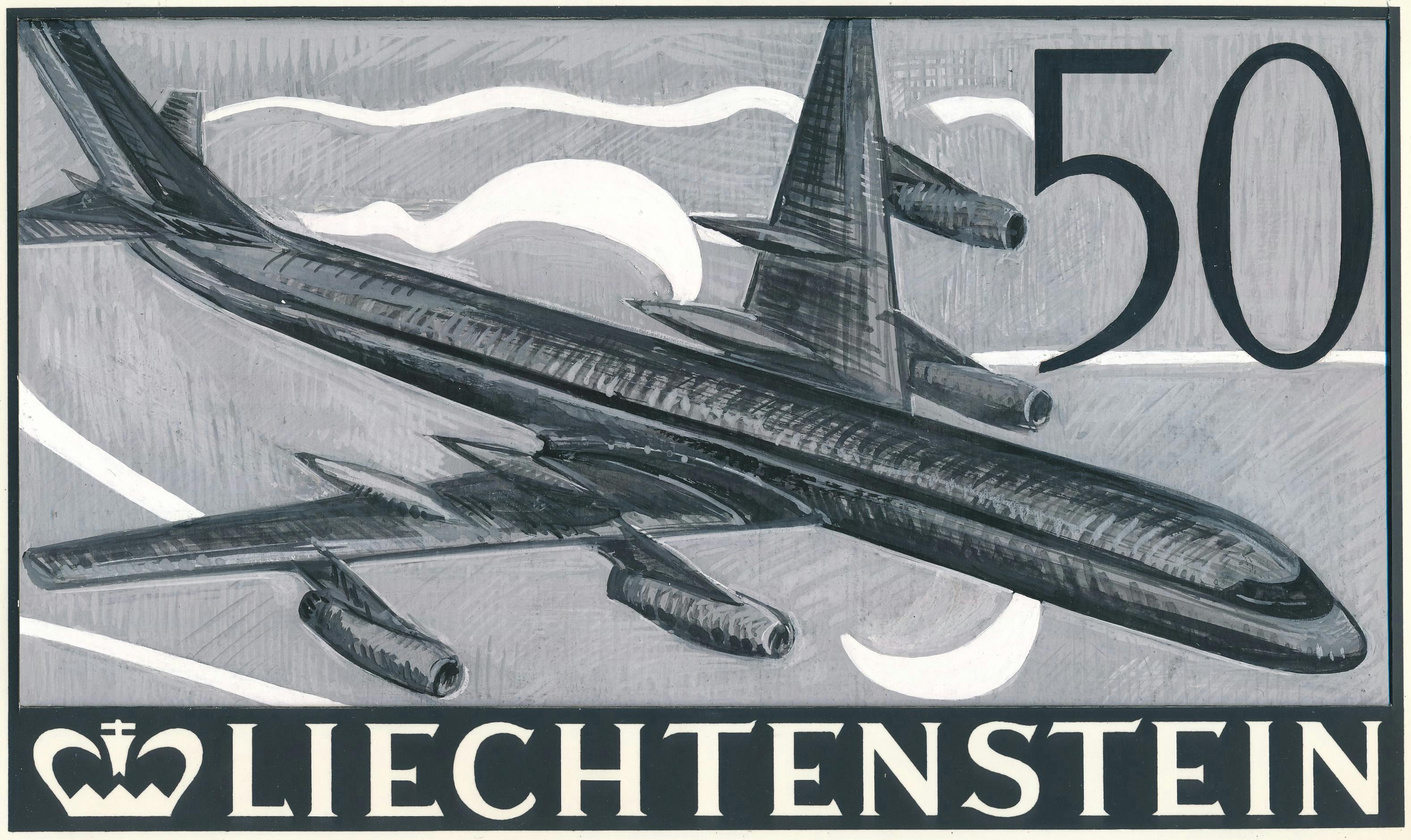 «Düsenflugzeug Convair 600 (1961 umbenannt in Convair CV-990 Coronado)» aus der Serie «30 Jahre Flugpostmarken in Liechtenstein»